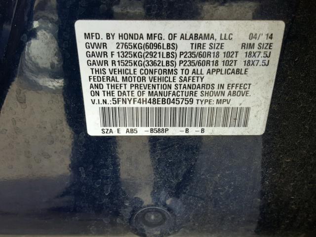 5FNYF4H48EB045759 - 2014 HONDA PILOT EX BLUE photo 10