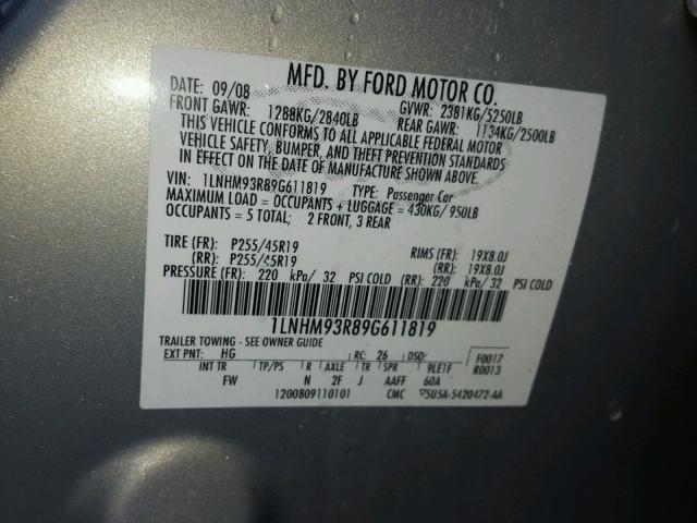 1LNHM93R89G611819 - 2009 LINCOLN MKS SILVER photo 10