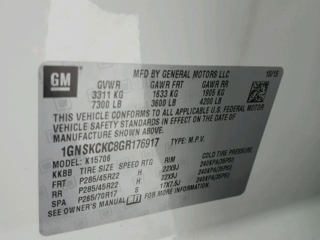 1GNSKCKC8GR176917 - 2016 CHEVROLET TAHOE K150 WHITE photo 10