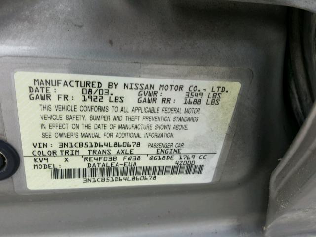 3N1CB51D64L860678 - 2004 NISSAN SENTRA 1.8 BROWN photo 10