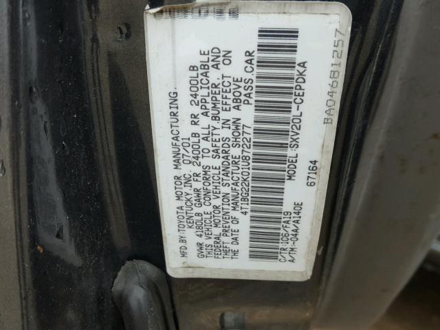 4T1BG22K01U872277 - 2001 TOYOTA CAMRY CHARCOAL photo 10