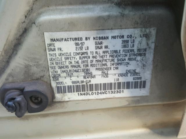 1N4DL01D4WC132301 - 1998 NISSAN ALTIMA XE GOLD photo 10