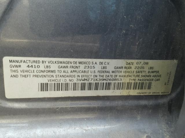 3VWMZ71K39M260853 - 2009 VOLKSWAGEN JETTA S 灰色 照片 10