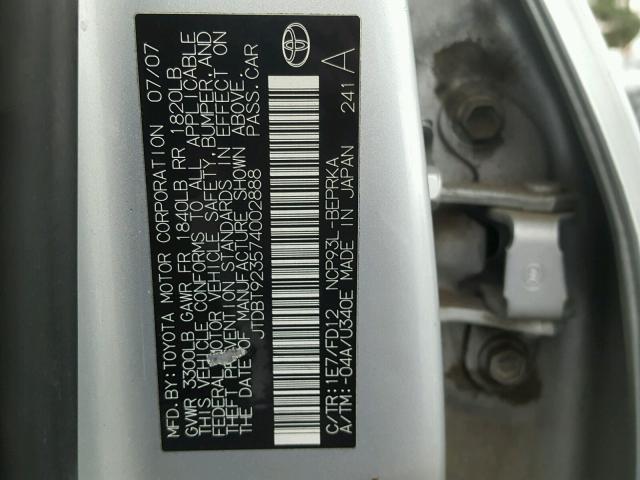 JTDBT923574002888 - 2007 TOYOTA YARIS SILVER photo 10