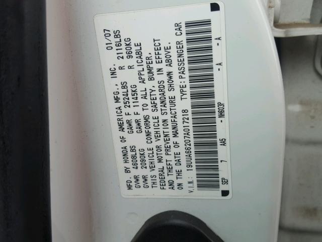 19UUA66207A017218 - 2007 ACURA TL WHITE photo 10