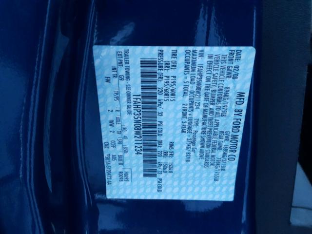 1FAHP35N08W211234 - 2008 FORD FOCUS SE BLUE photo 10