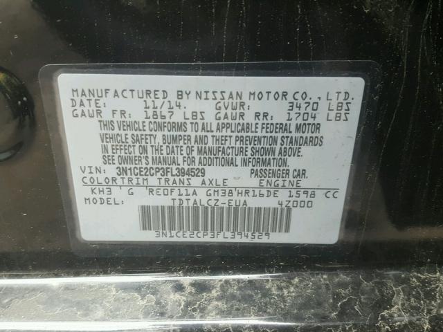 3N1CE2CP3FL394529 - 2015 NISSAN VERSA NOTE BLACK photo 10