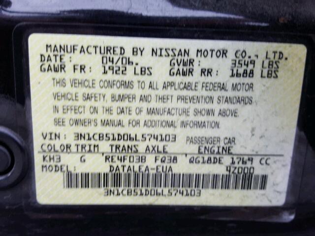 3N1CB51D06L574103 - 2006 NISSAN SENTRA 1.8 BLACK photo 10