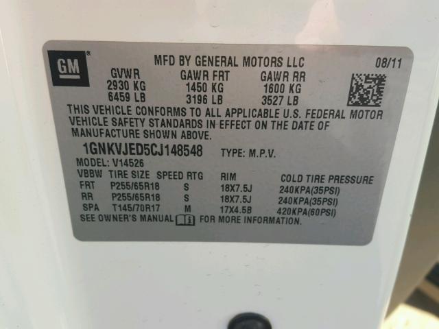 1GNKVJED5CJ148548 - 2012 CHEVROLET TRAVERSE L WHITE photo 10