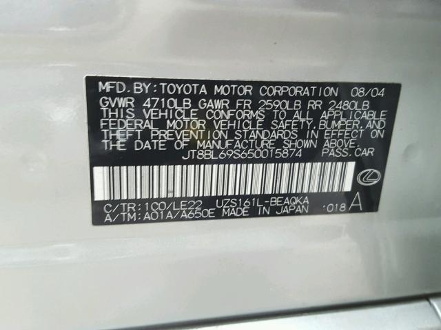 JT8BL69S650015874 - 2005 LEXUS GS 430 SILVER photo 10