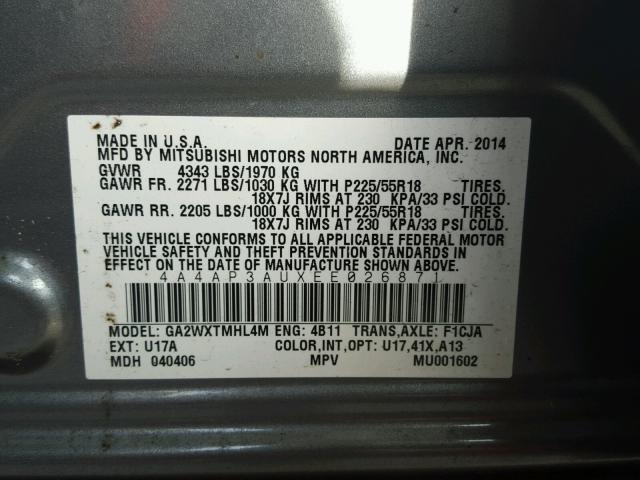 4A4AP3AUXEE026871 - 2014 MITSUBISHI OUTLANDER GRAY photo 10