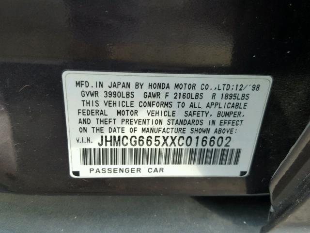 JHMCG665XXC016602 - 1999 HONDA ACCORD LX GRAY photo 10