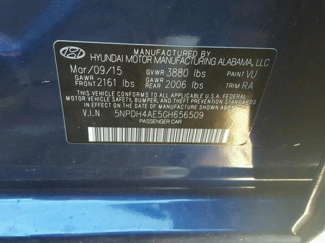 5NPDH4AE5GH656509 - 2016 HYUNDAI ELANTRA SE BLUE photo 10