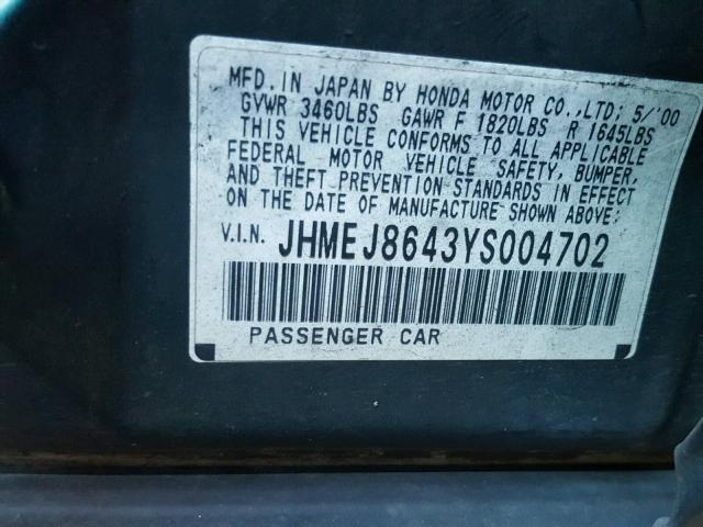 JHMEJ8643YS004702 - 2000 HONDA CIVIC EX მწვანე ფოტო 10