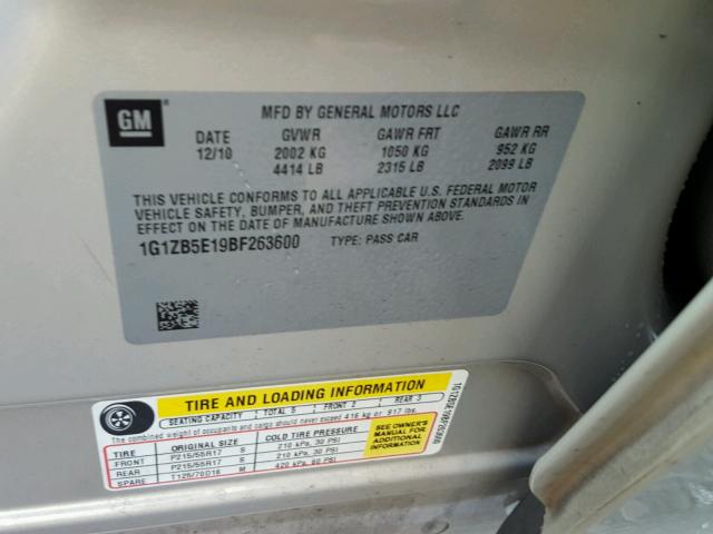 1G1ZB5E19BF263600 - 2011 CHEVROLET MALIBU LS SILVER photo 10