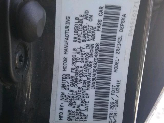 1NXBU40E49Z048926 - 2009 TOYOTA COROLLA BA BLACK photo 10