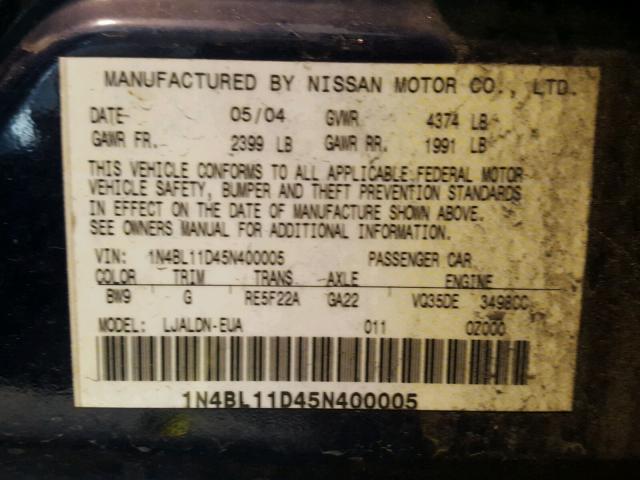 1N4BL11D45N400005 - 2005 NISSAN ALTIMA SE BLUE photo 10