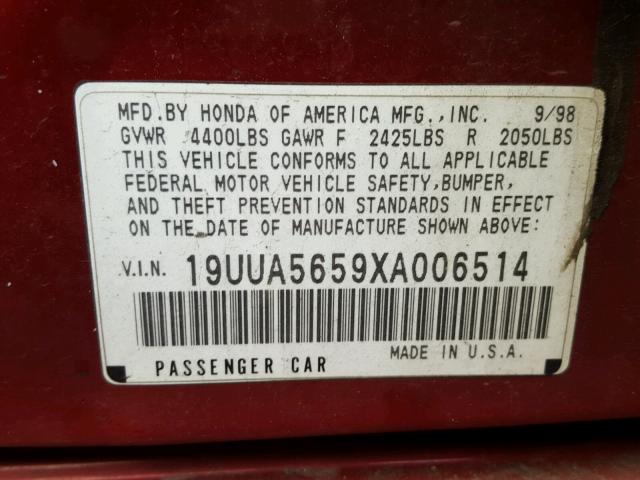 19UUA5659XA006514 - 1999 ACURA 3.2TL RED photo 10