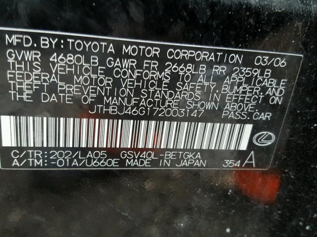 JTHBJ46G172003147 - 2007 LEXUS ES 350 BLACK photo 10