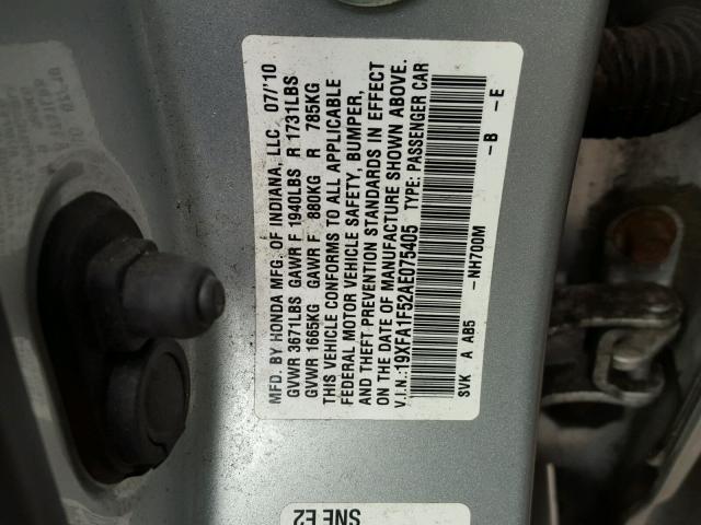 19XFA1F52AE075405 - 2010 HONDA CIVIC LX SILVER photo 10