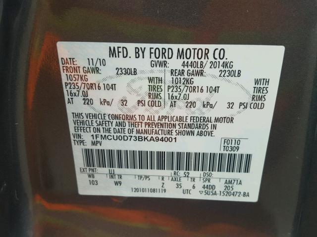 1FMCU0D73BKA94001 - 2011 FORD ESCAPE XLT GRAY photo 10