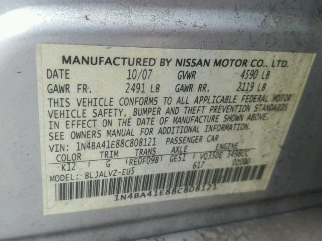 1N4BA41E88C808121 - 2008 NISSAN MAXIMA SE SILVER photo 10