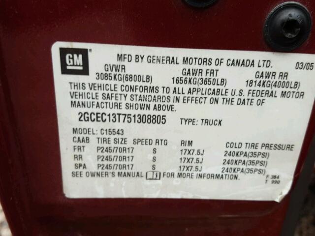 2GCEC13T751308805 - 2005 CHEVROLET SILVERADO MAROON photo 10