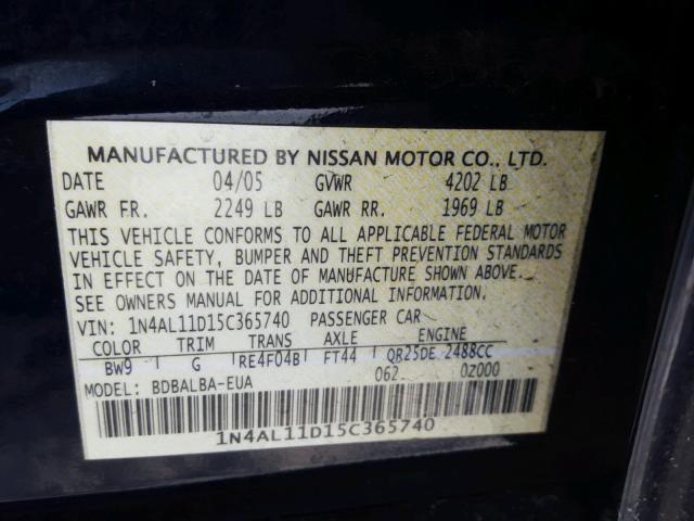 1N4AL11D15C365740 - 2005 NISSAN ALTIMA S BLUE photo 10