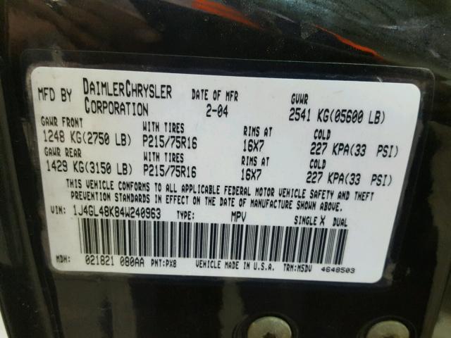 1J4GL48K84W240963 - 2004 JEEP LIBERTY SP BLACK photo 10