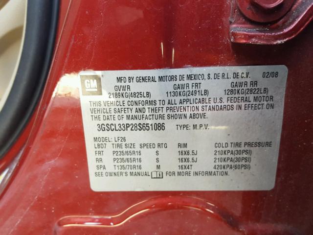 3GSCL33P28S651086 - 2008 SATURN VUE XE RED photo 10