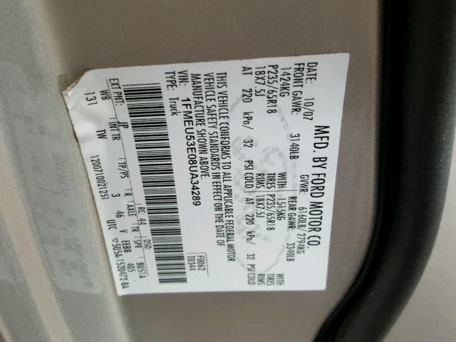 1FMEU53E08UA34289 - 2008 FORD EXPLORER S SILVER photo 10