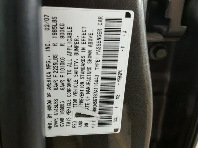 1HGCM56787A116443 - 2007 HONDA ACCORD EX GRAY photo 10