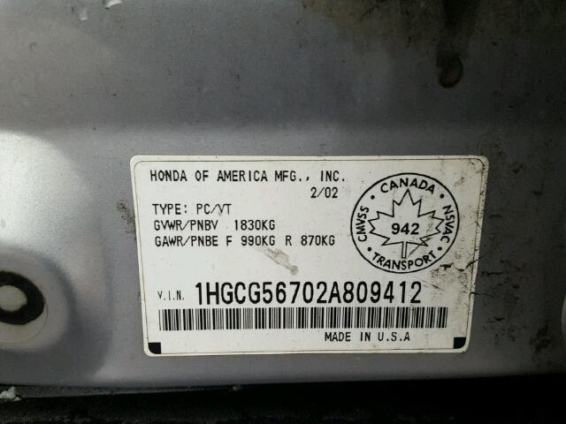 1HGCG56702A809412 - 2002 HONDA ACCORD SE SILVER photo 10