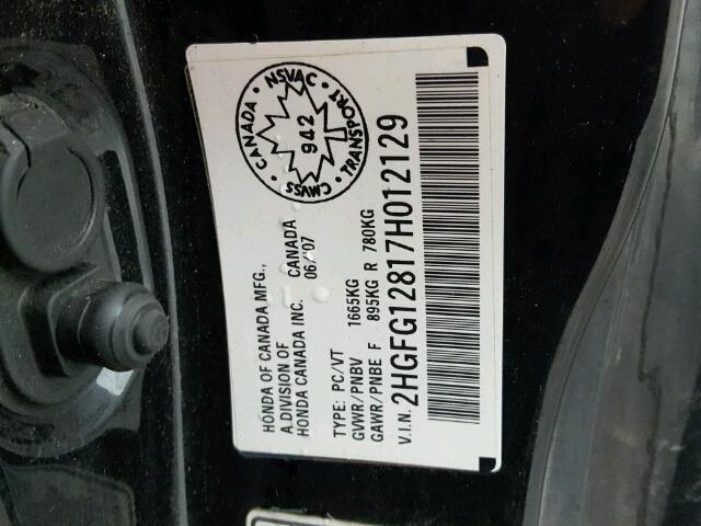 2HGFG12817H012129 - 2007 HONDA CIVIC EX შავი ფოტო 10