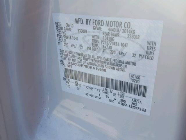 1FMCU0E78BKA19986 - 2011 FORD ESCAPE LIM WHITE photo 10