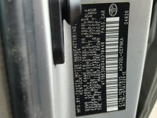4T1BE30K04U318448 - 2004 TOYOTA CAMRY LE SILVER photo 10