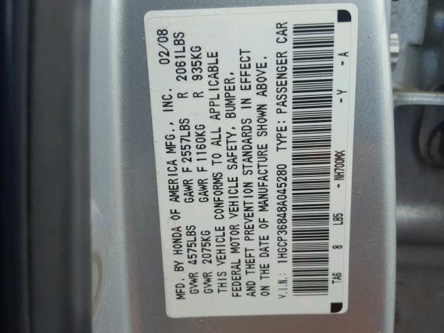 1HGCP36848A045280 - 2008 HONDA ACCORD EXL SILVER photo 10