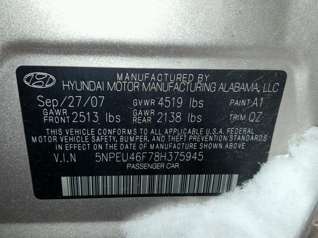 5NPEU46F78H375945 - 2008 HYUNDAI SONATA SE TAN photo 10