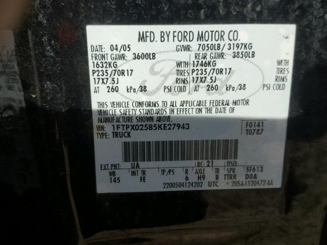 1FTPX02585KE27943 - 2005 FORD F150 BLACK photo 10