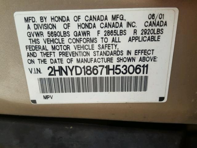 2HNYD18671H530611 - 2001 ACURA MDX TOURIN WHITE photo 10