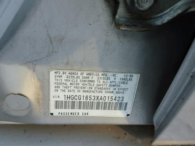 1HGCG1653XA015423 - 1999 HONDA ACCORD EX SILVER photo 10