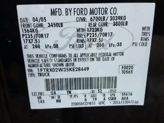 1FTRX02W35KE28449 - 2005 FORD F150 BLACK photo 10