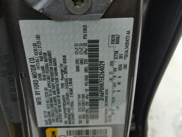 3FA6P0HR7ER264029 - 2014 FORD FUSION SE GRAY photo 10