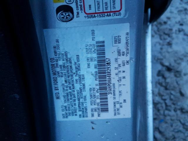 3FAHP0HA4BR293857 - 2011 FORD FUSION SE SILVER photo 10