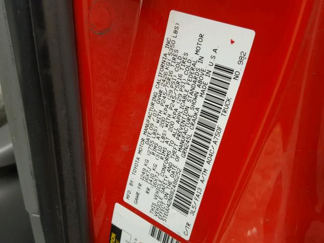 5TEUU42N88Z486252 - 2008 TOYOTA TACOMA ACC RED photo 10