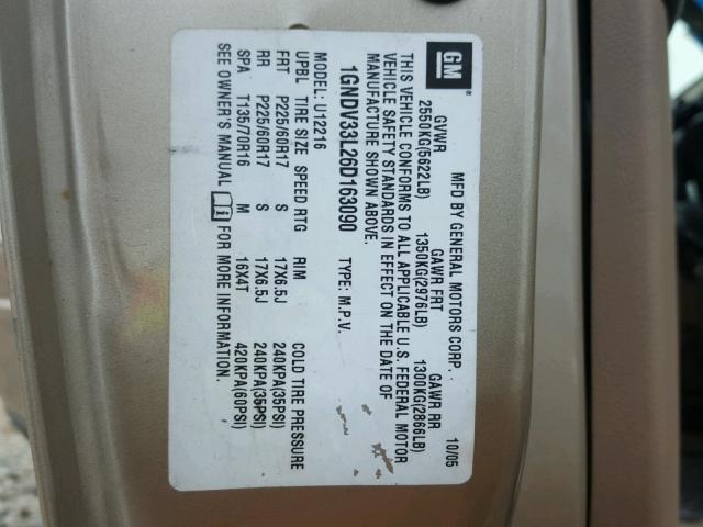 1GNDV33L26D163090 - 2006 CHEVROLET UPLANDER L 金色 照片 10