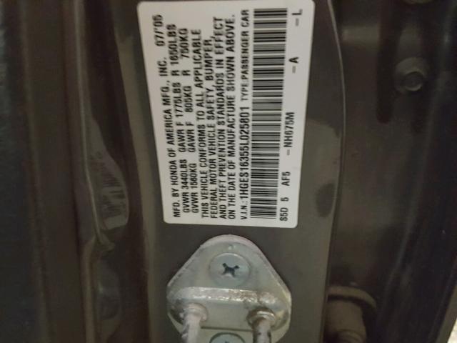 1HGES16355L025801 - 2005 HONDA CIVIC DX V GRAY photo 10