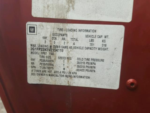 2G1FP22K5V2154119 - 1997 CHEVROLET CAMARO BAS წითელი ფოტო 10