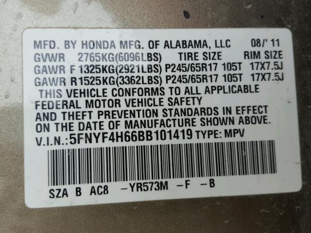 5FNYF4H66BB101419 - 2011 HONDA PILOT EXL TAN photo 10