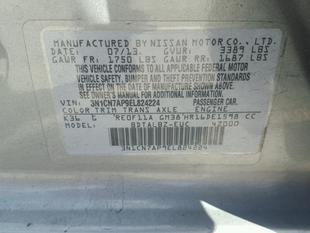 3N1CN7AP9EL824224 - 2014 NISSAN VERSA S GRAY photo 10